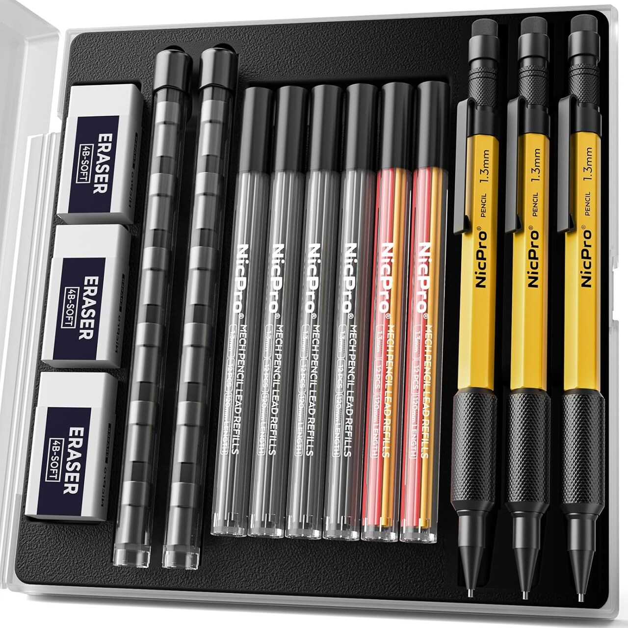 3 PCS 1.3 mm Mechanical Pencil Set with 72 Lead Refills, 3 Eraser - Weatherproof Metal Barrel, Heavy Duty Carpenter Pencil MP2000 for Outdoor Marking Drafting Drawing Woodworking - with Case